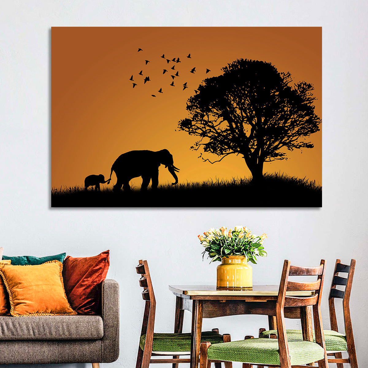 Elephant Family at Golden Sunset Wall Art in a room, landscape