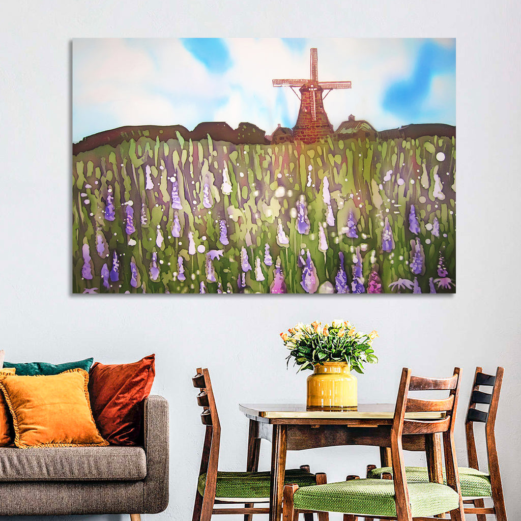 Ink Wash Windmill in Blooming Field Wall Art