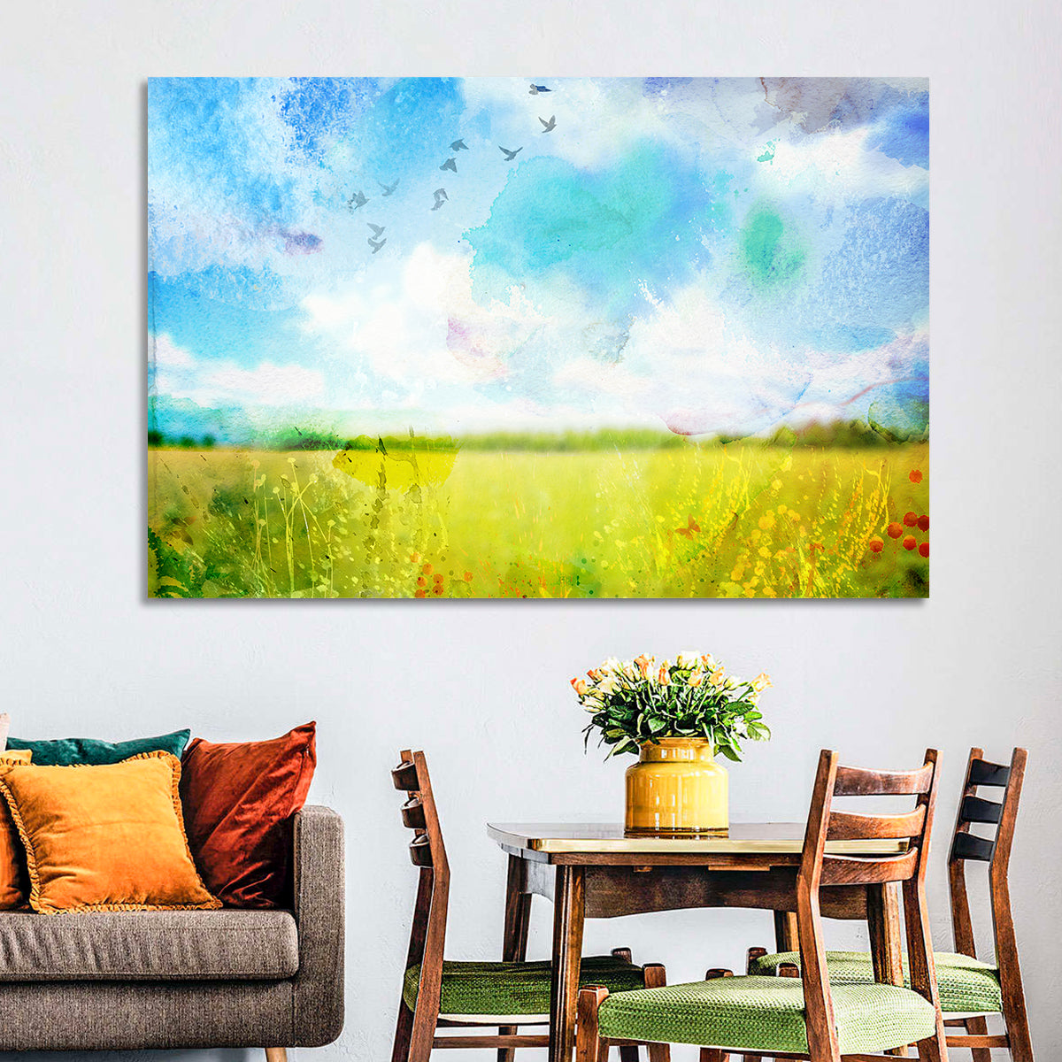 Watercolor Wildflower Field Wall Art in a room, landscape