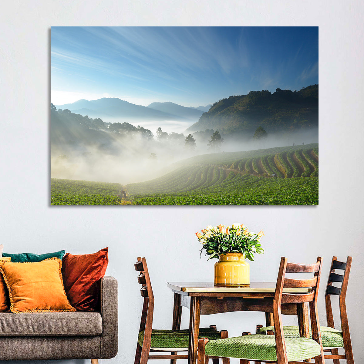 Sunlit Terraced Tea Hills Wall Art in a room, landscape
