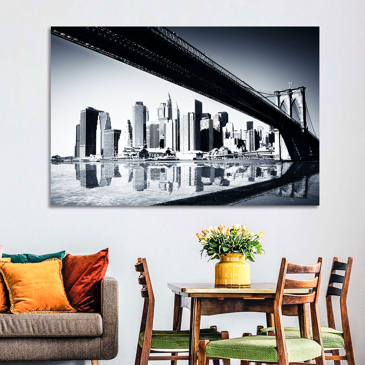 Brooklyn Bridge Low Angle Skyline Reflection Wall Art in a room, landscape