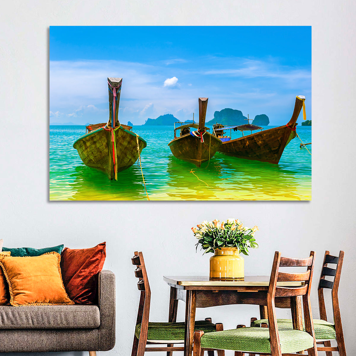 Three Long-tail Boats on Turquoise Water Wall Art in a room, landscape