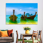 Three Long-tail Boats on Turquoise Water Wall Art