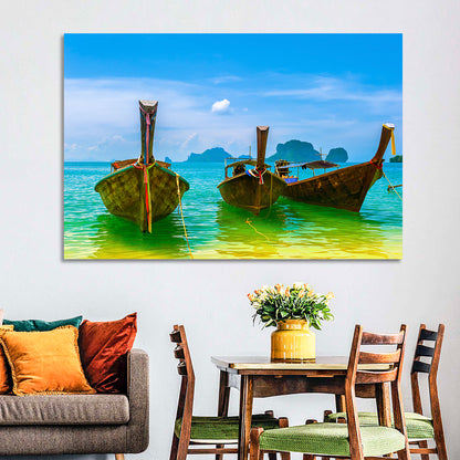 Three Long-tail Boats on Turquoise Water Wall Art