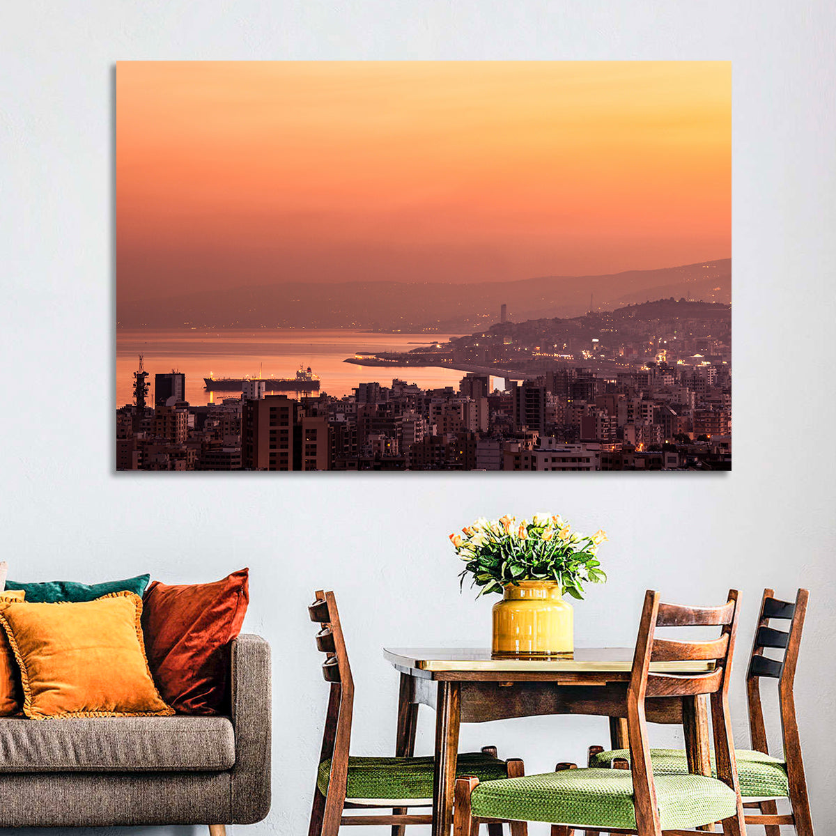 Beirut Sunset Skyline Wall Art in a room, landscape
