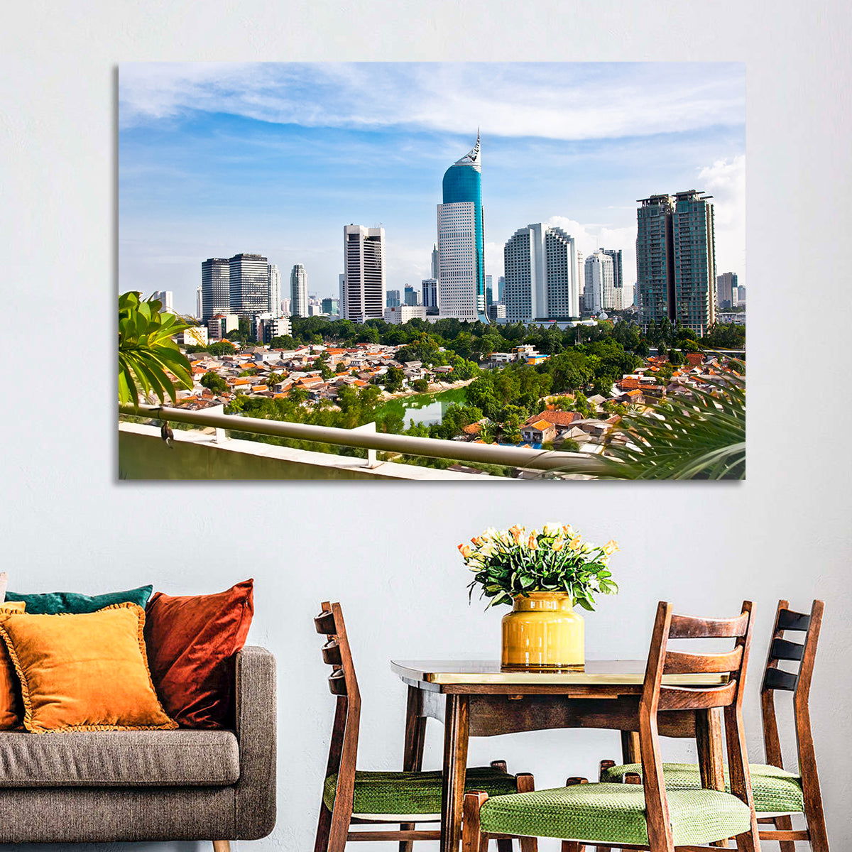 Jakarta Skyline with Wisma 46 Wall Art in a room, landscape