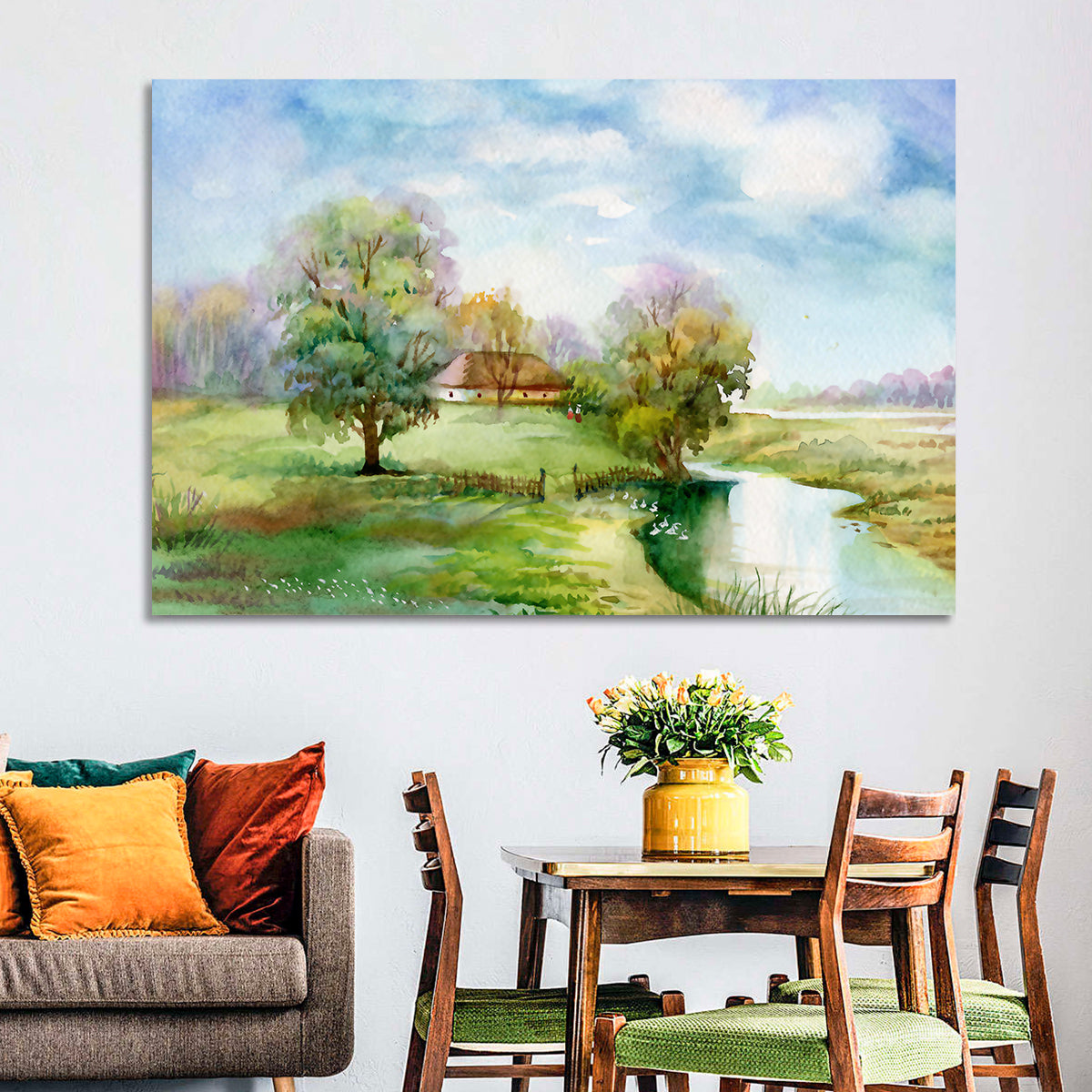 Spring Cottage by the Stream Wall Art in a room, landscape