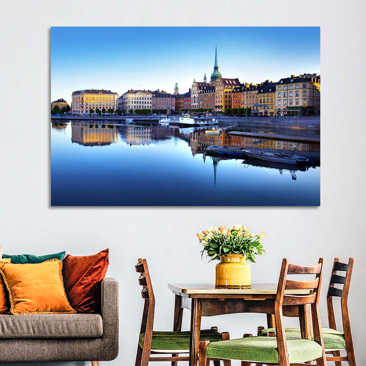 Gamla Stan Stockholm Skyline Wall Art in a room, landscape