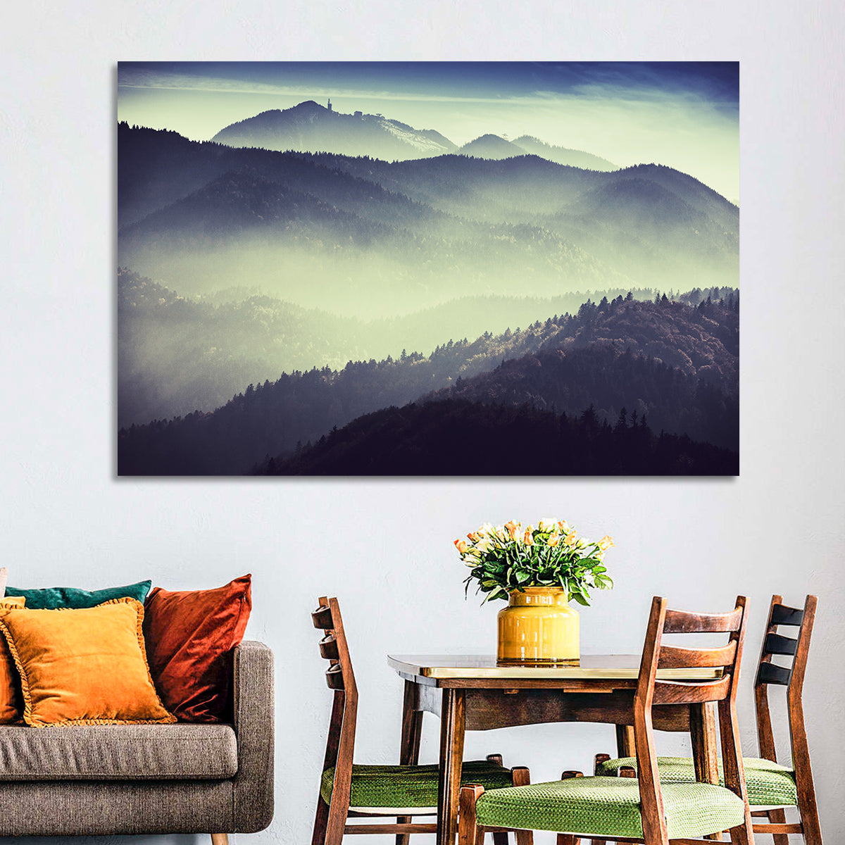 Foggy Forest Valley Wall Art in a room, landscape
