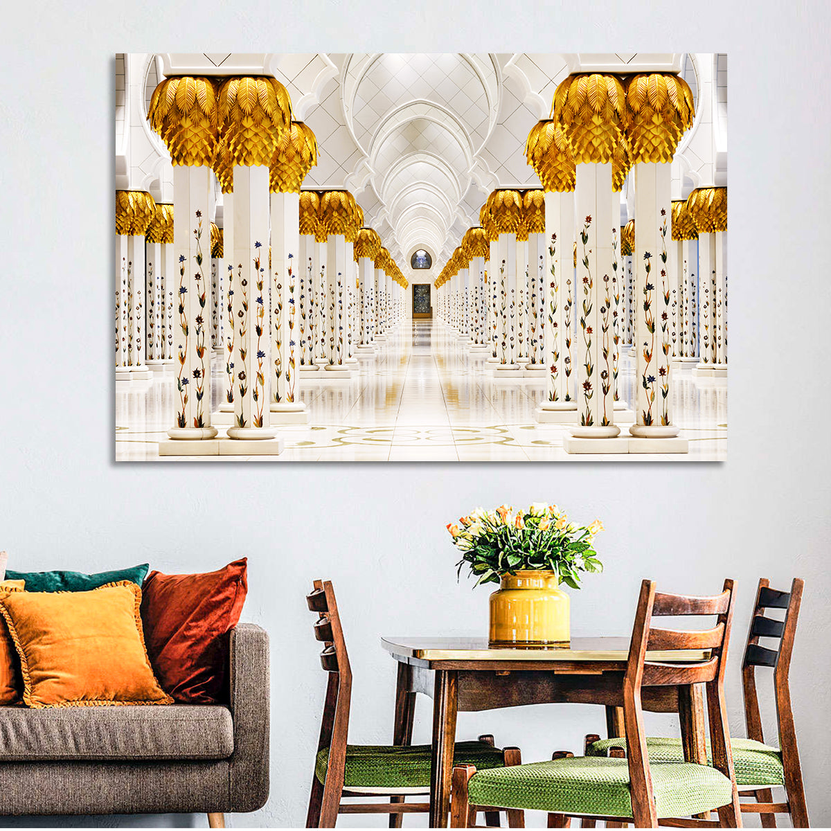 Sheikh Zayed Grand Mosque Colonnade Wall Art in a room, landscape
