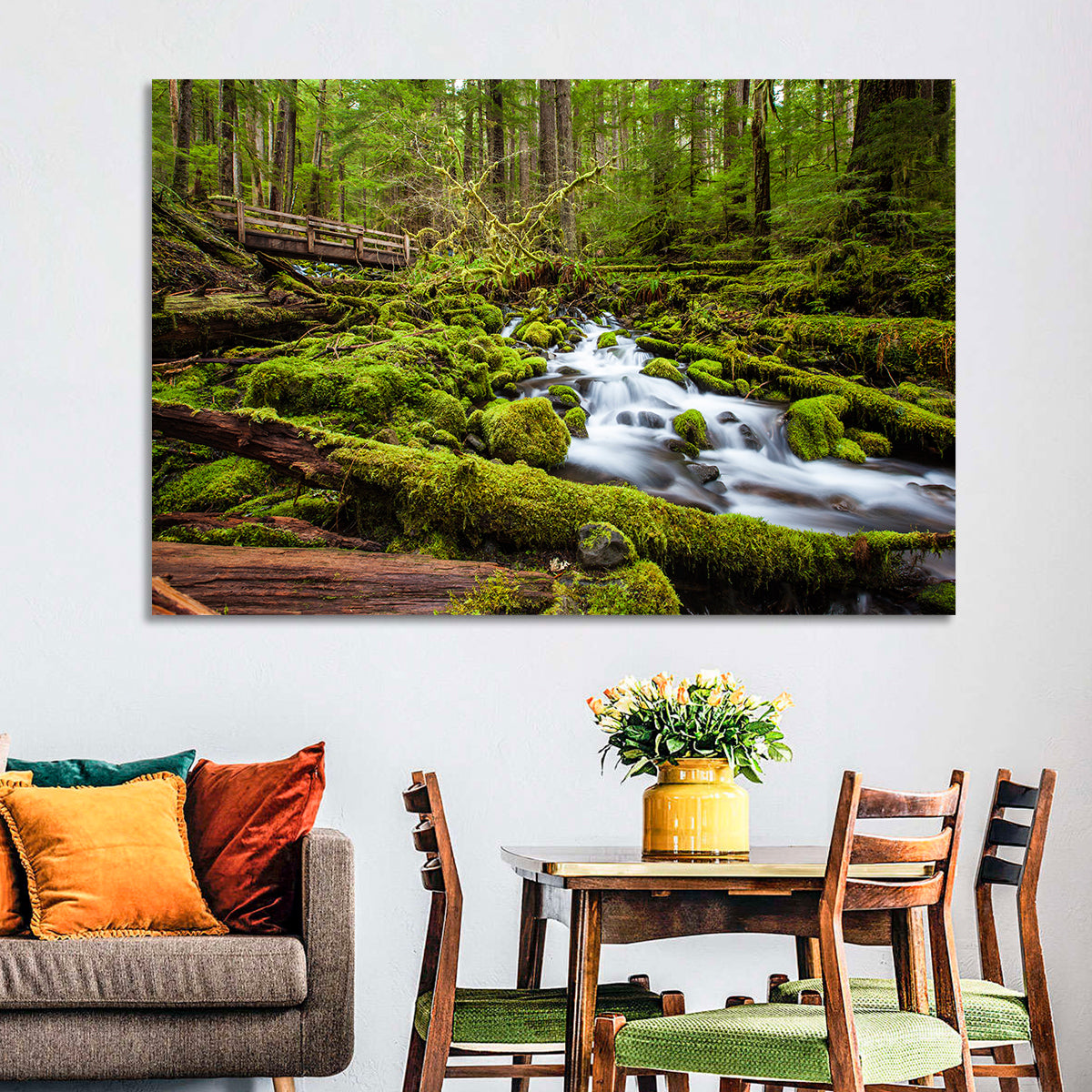 Mossy Cascade Forest Stream Wall Art in a room, landscape