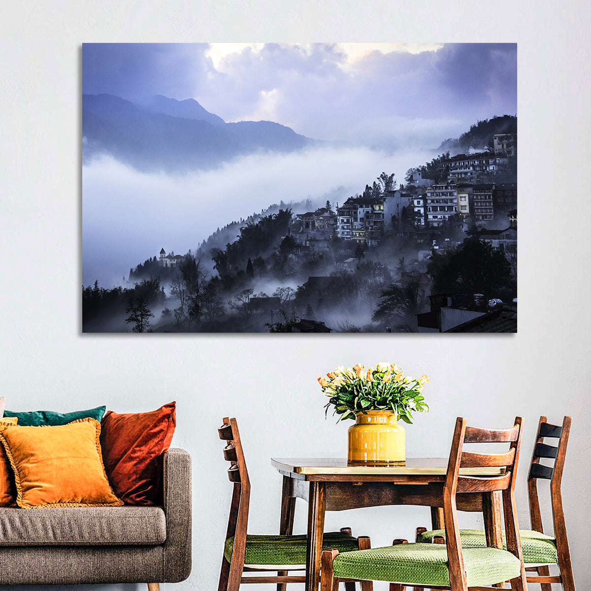 Misty Hillside Town Wall Art