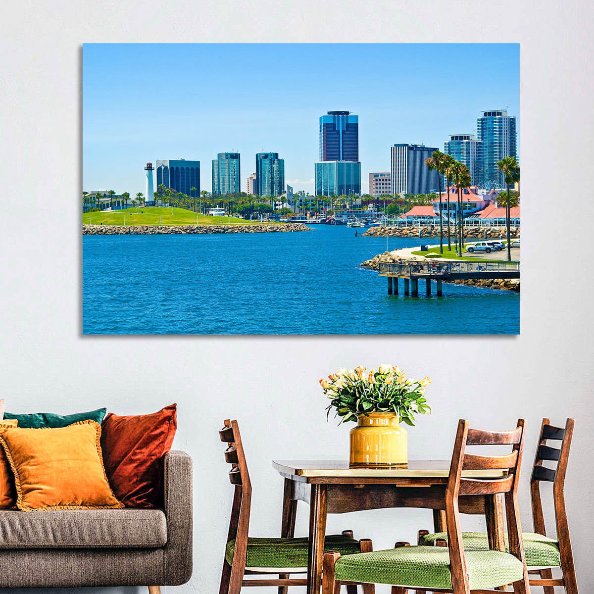 Long Beach Rainbow Harbor Skyline Wall Art in a room, landscape