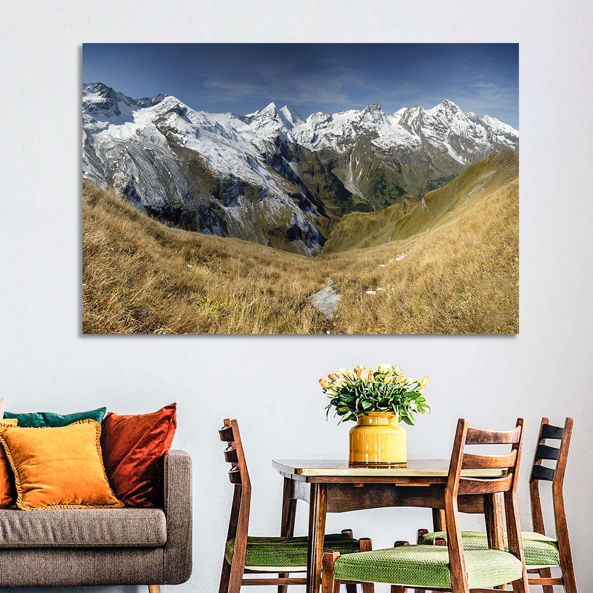 Crisp Alpine Valley with Snow-capped Peaks Wall Art