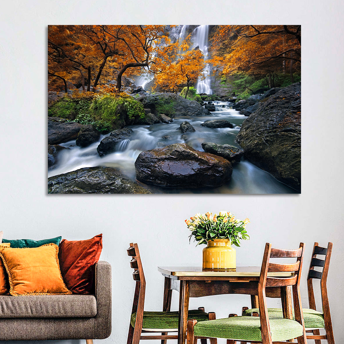 Konglan Autumn Waterfall Wall Art in a room, landscape