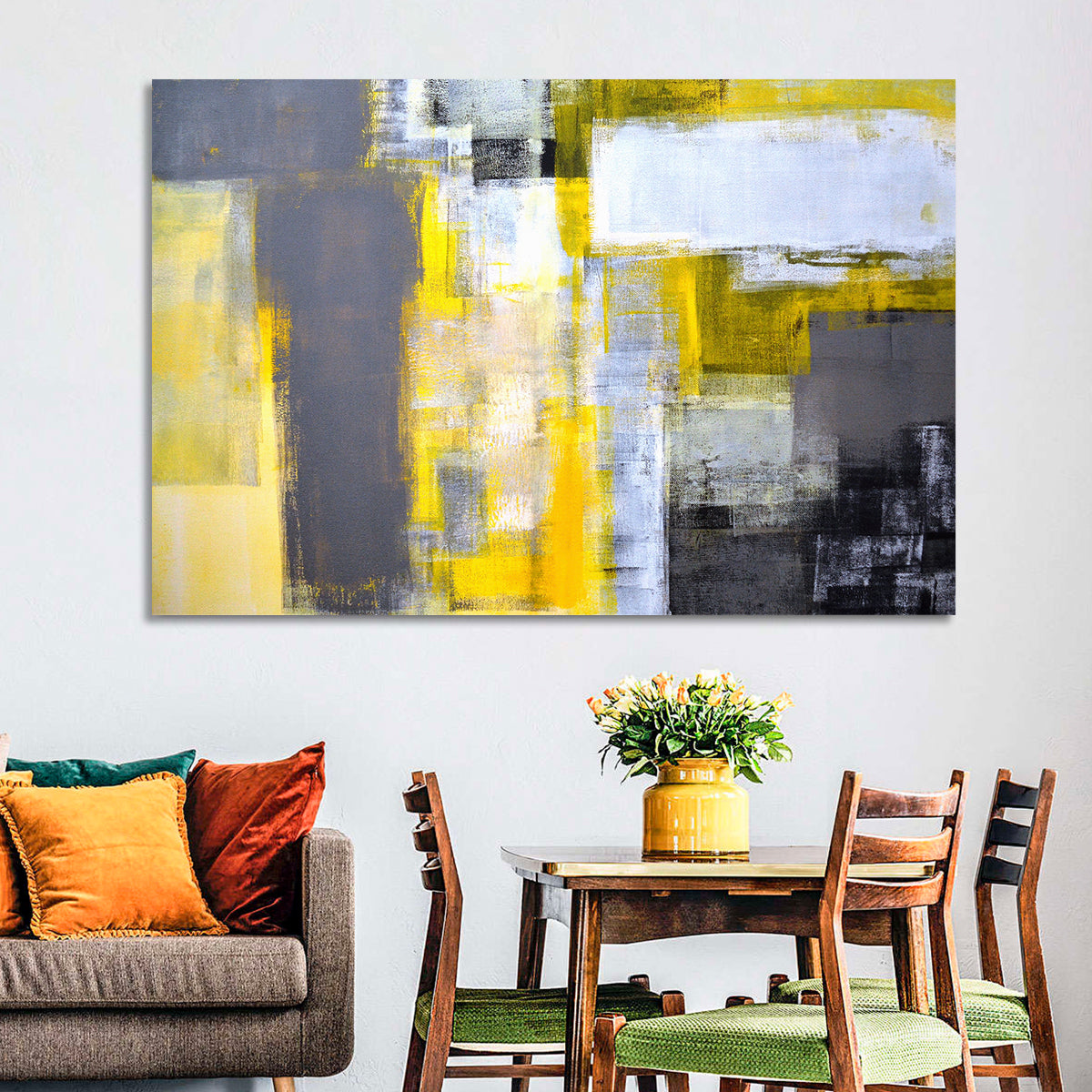 Yellow and Gray Color Block Abstract Wall Art in a room, landscape