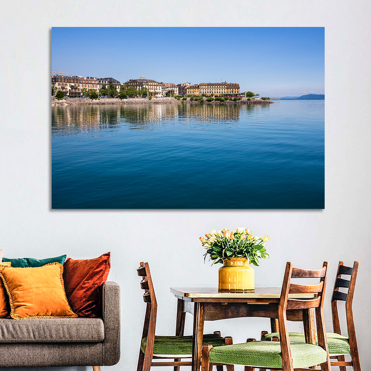 Tranquil Lake Neuchatel Wall Art in a room, landscape