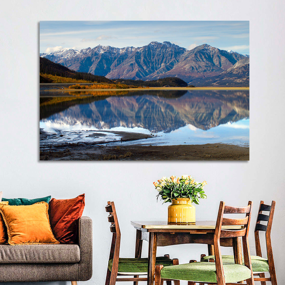 Kluane Lake Autumn Reflection Wall Art in a room, landscape