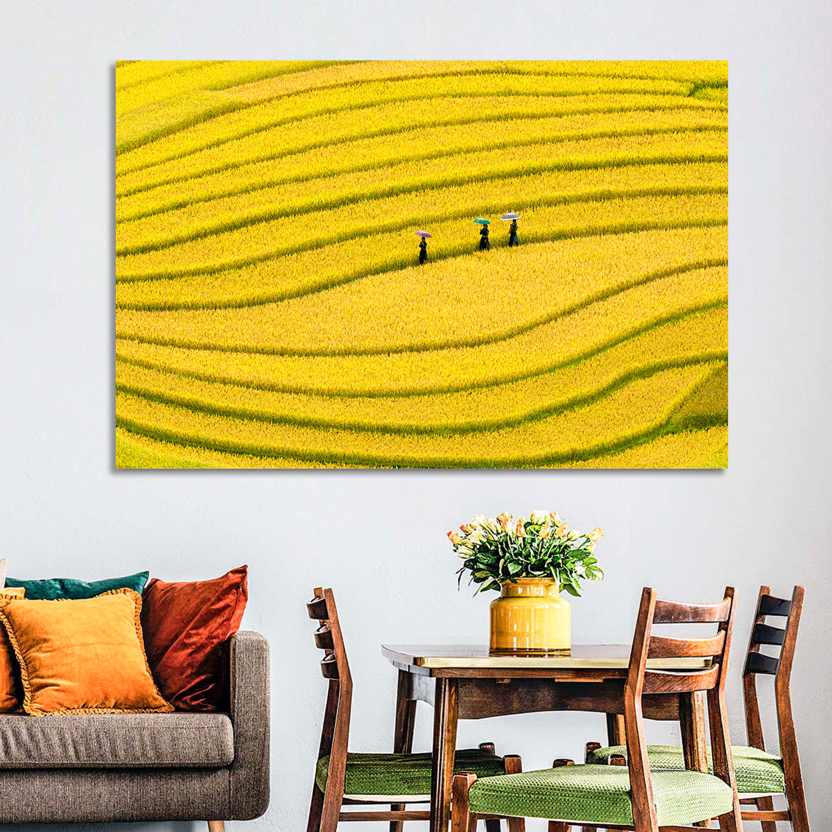 Golden Rice Terraces with Umbrellas Wall Art in a room, landscape