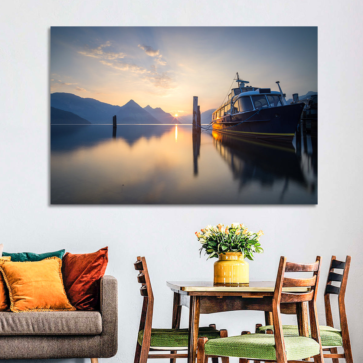 Lake Lucerne Sunset Wall Art in a room, landscape