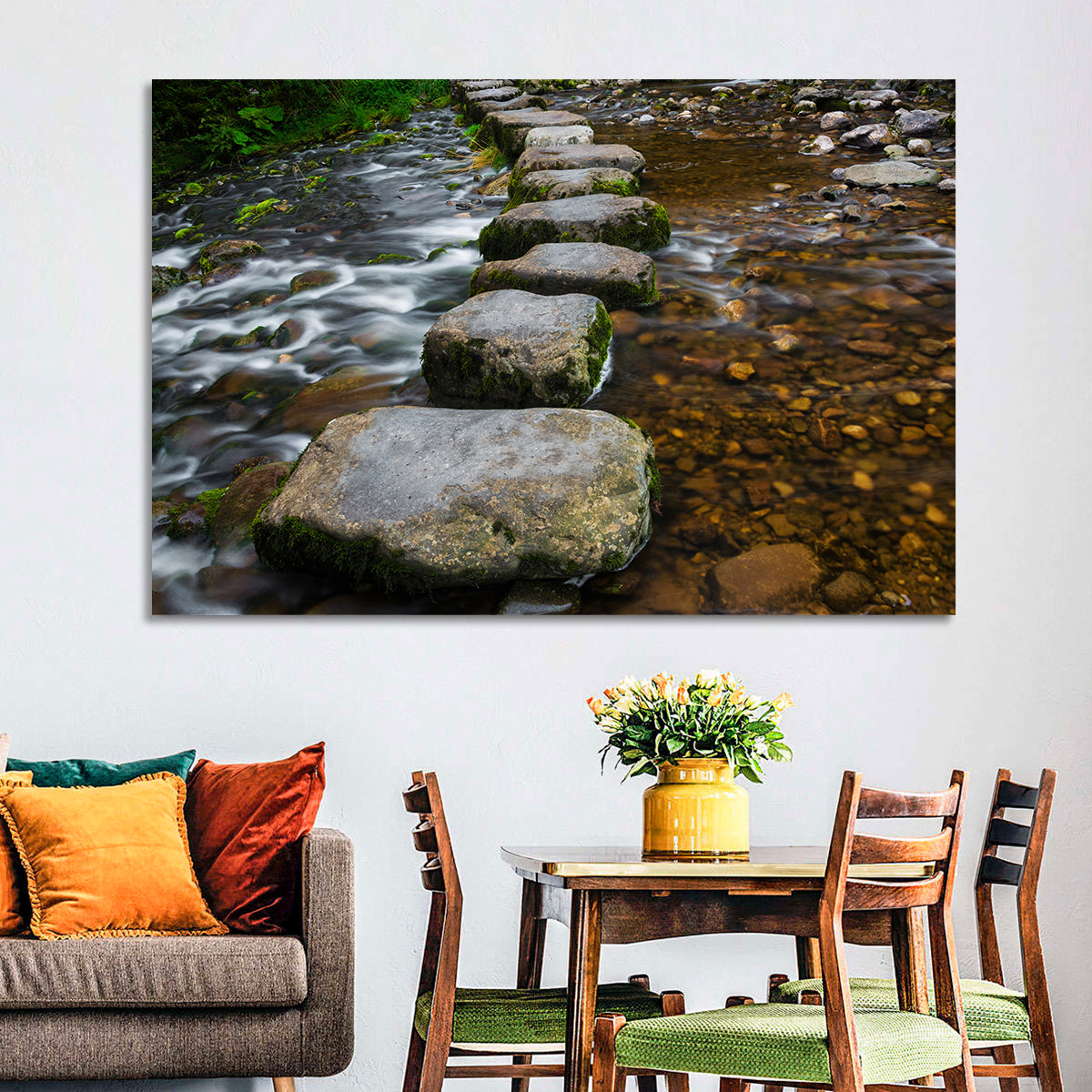 Mossy Stepping Stones Over Stream Wall Art in a room, landscape