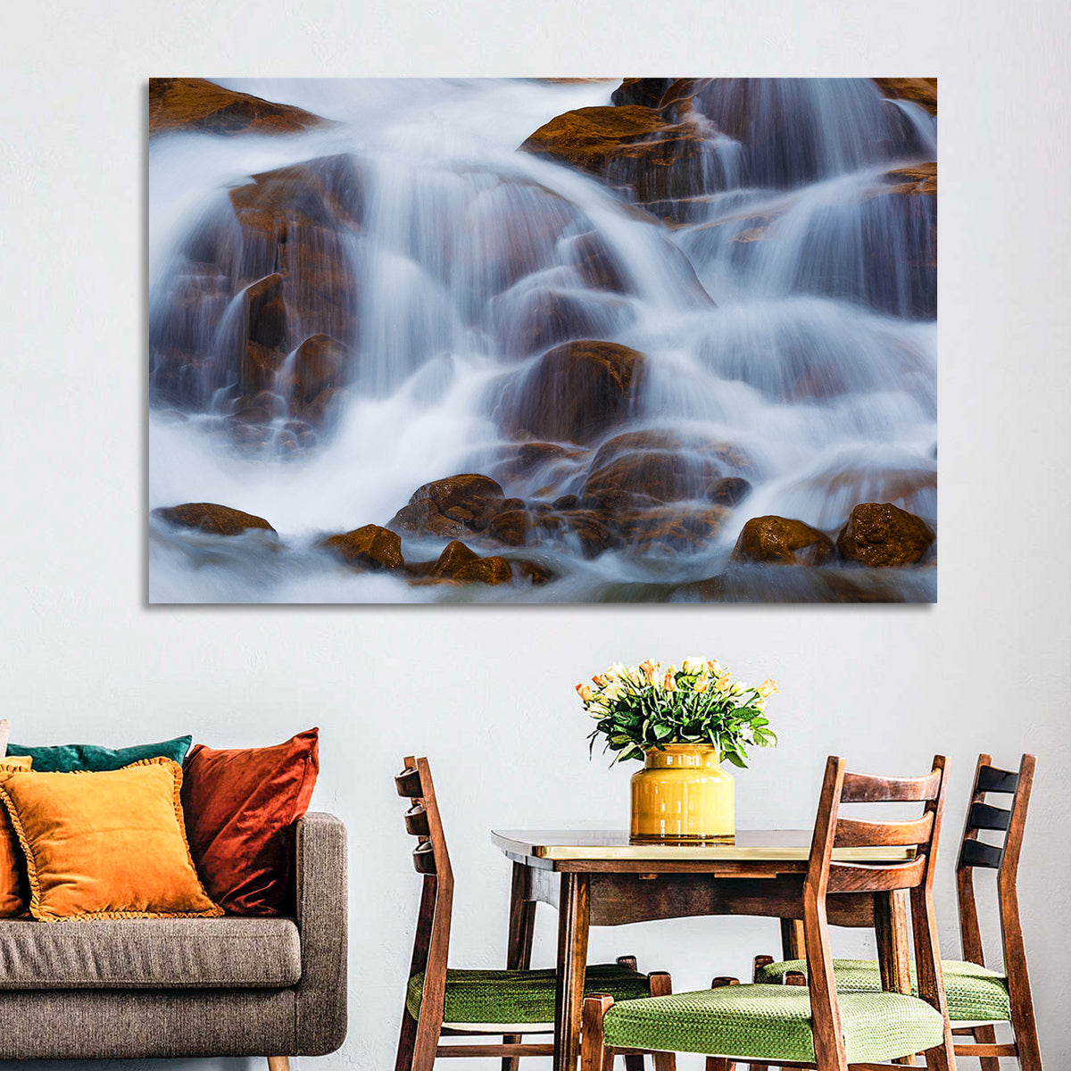 Rocky Mountain Waterfall Wall Art in a room, landscape
