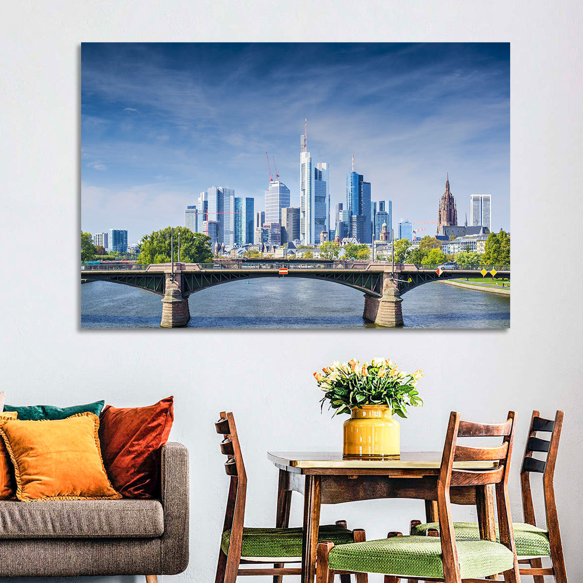 Frankfurt Skyline with Eiserner Steg Wall Art in a room, landscape