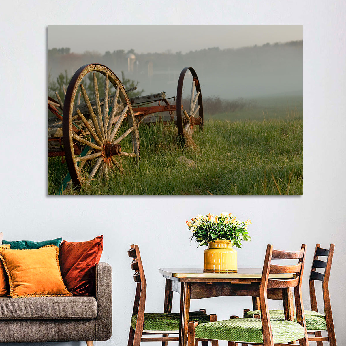 Weathered Wagon in Morning Mist Wall Art in a room, landscape
