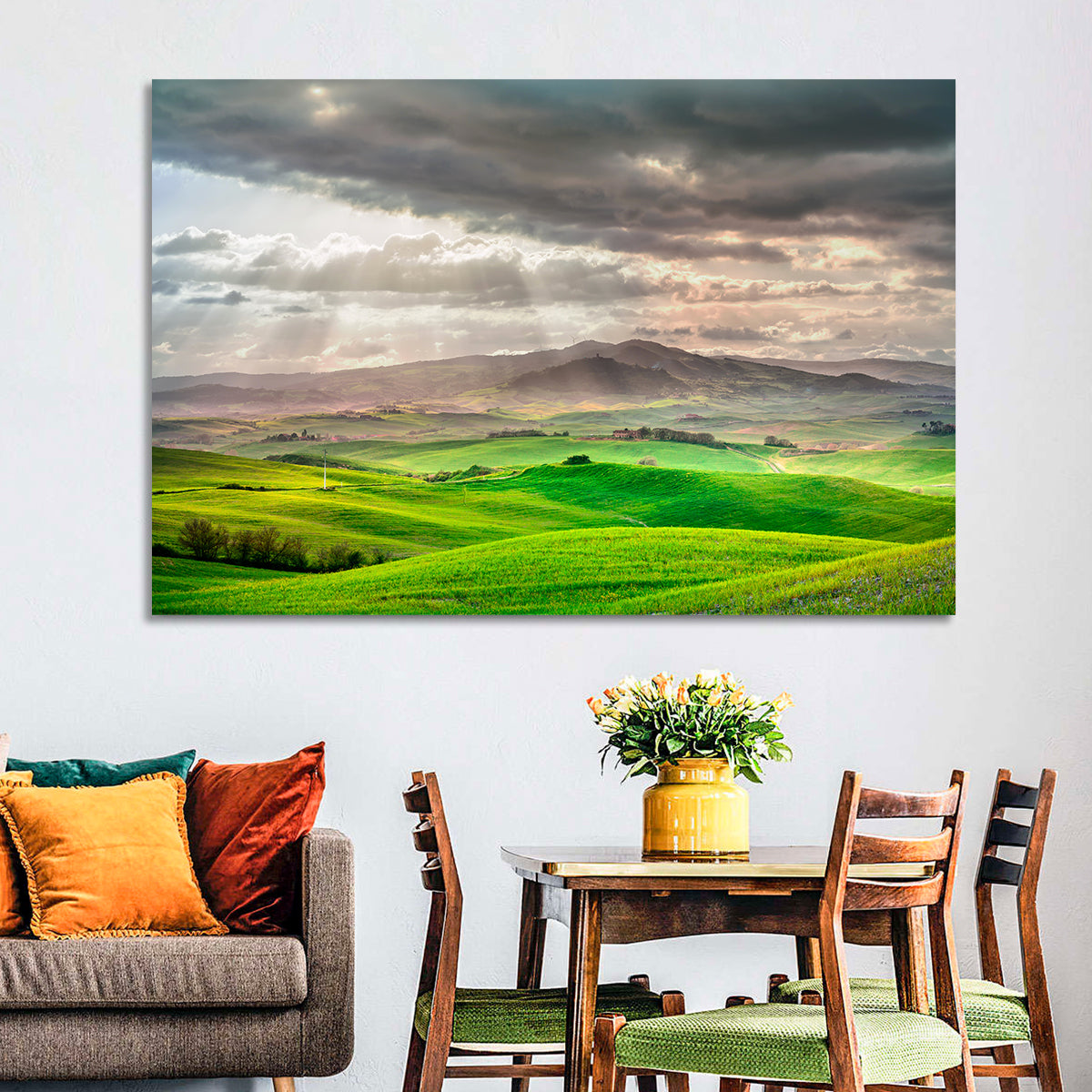 Tuscan Sunlit Hills Wall Art in a room, landscape