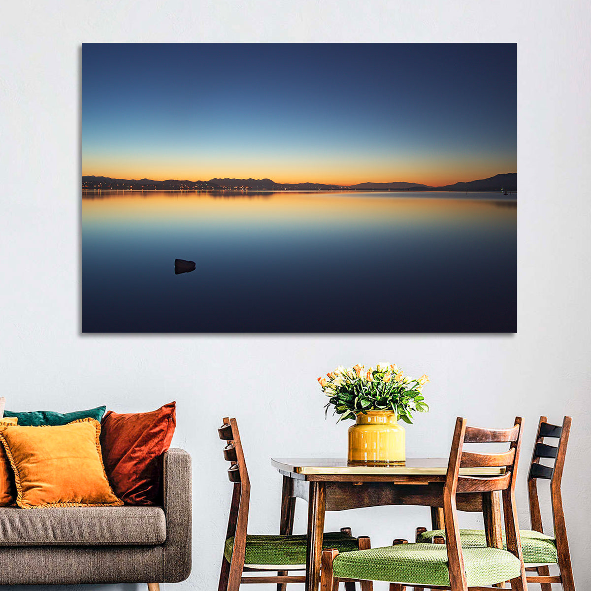 Lake Elsinore Sunset Wall Art in a room, landscape