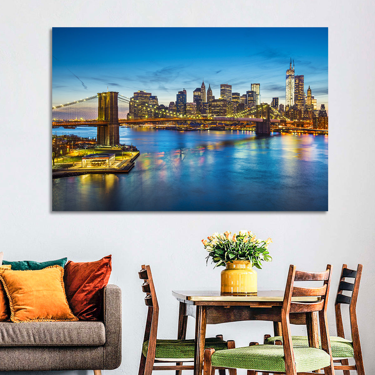 Brooklyn Bridge with Jane's Carousel Wall Art in a room, landscape