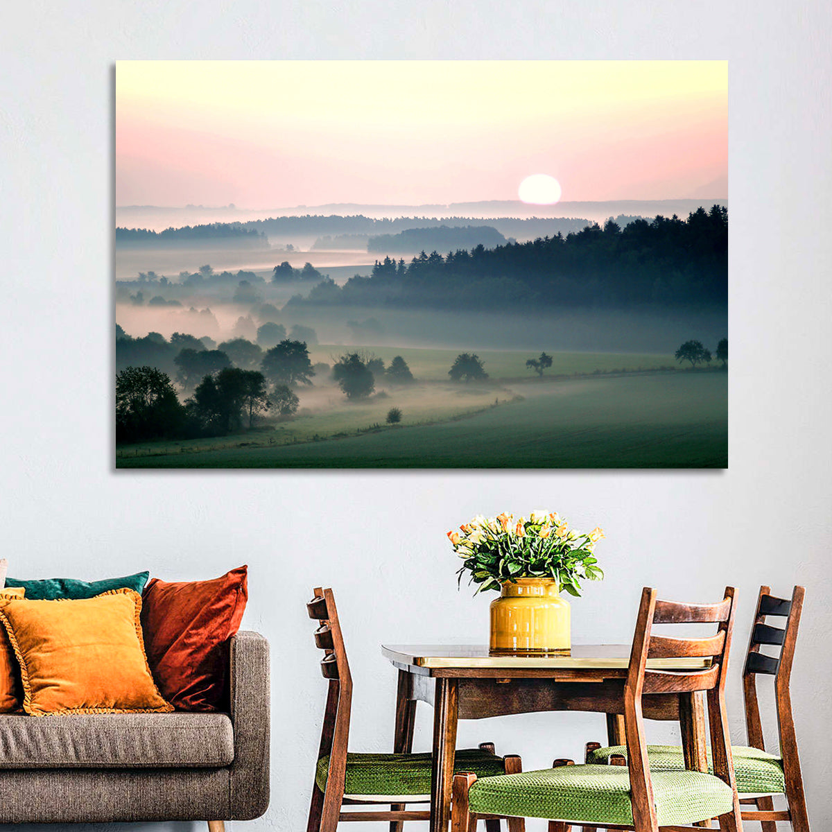 Czech Morning Fog Landscape Wall Art in a room, landscape