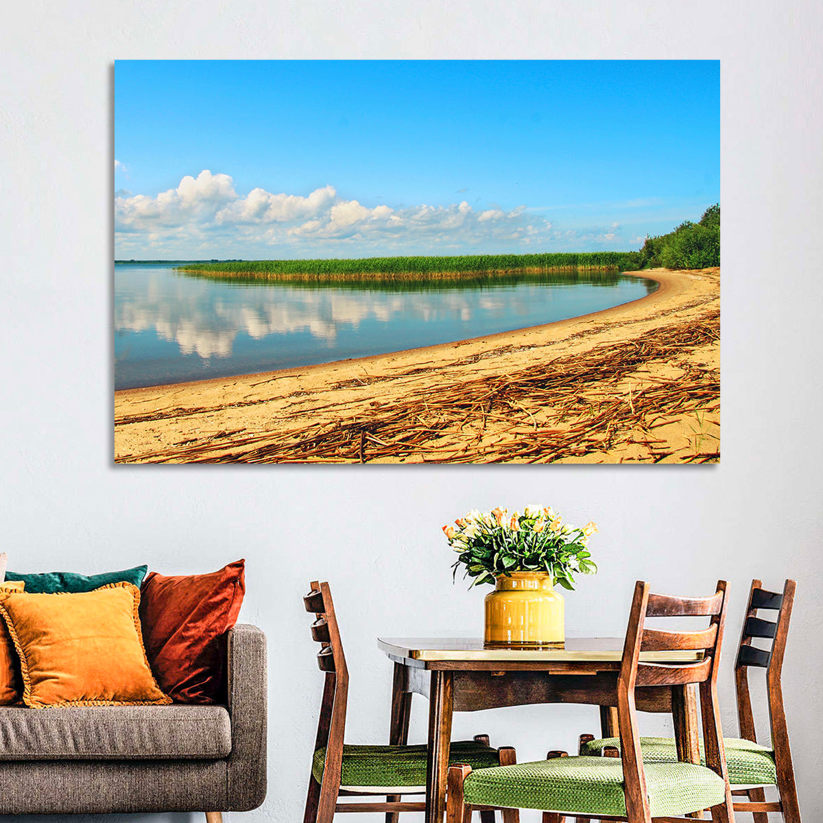 Lake Pskov Shoreline Wall Art in a room, landscape