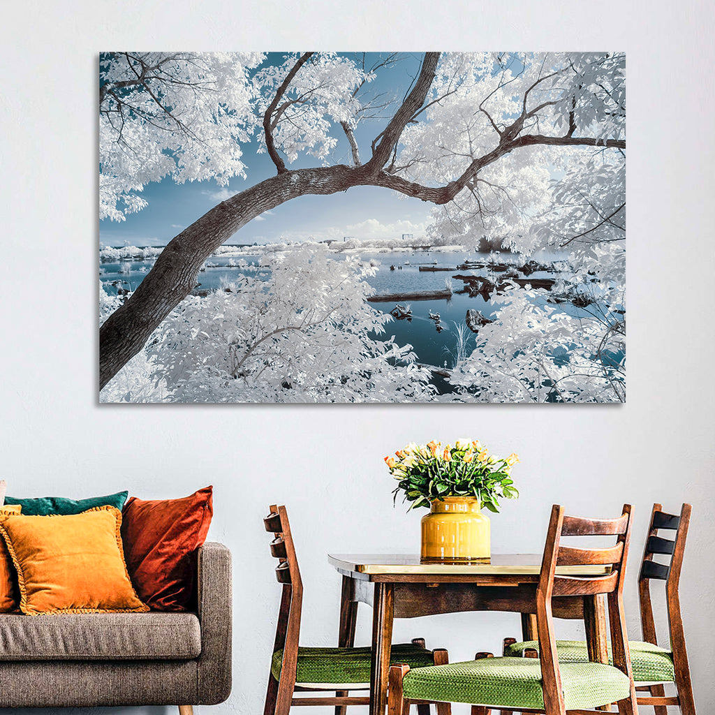 Curving Winter Tree Over Lake Wall Art