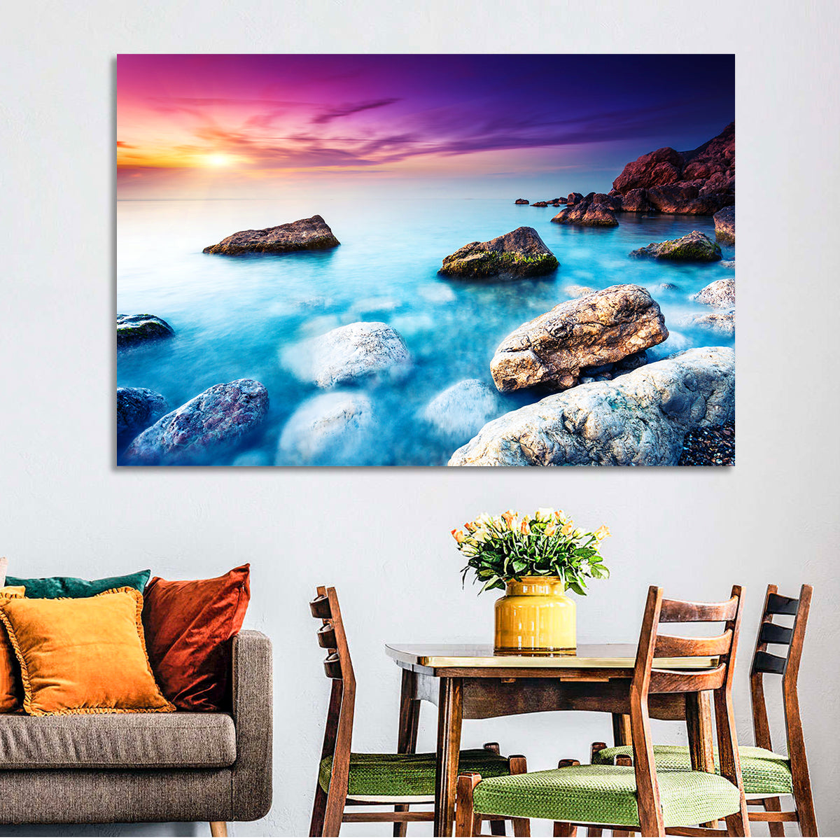 Rocky Beach Sunset Wall Art in a room, landscape