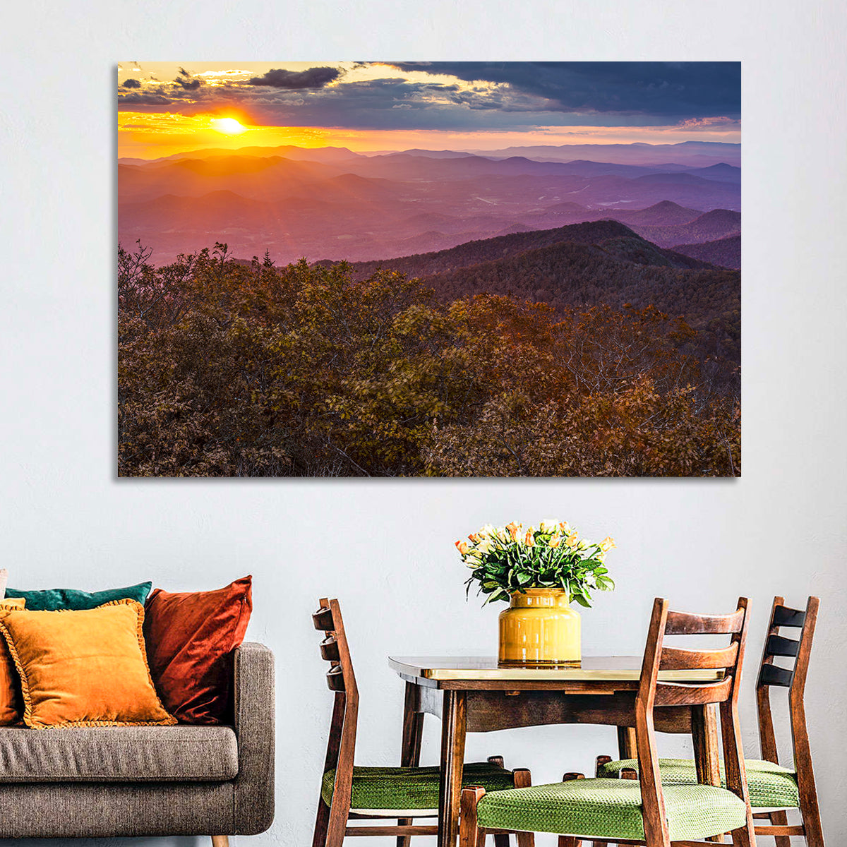 Blue Ridge Sunset Over Autumn Ridges Wall Art in a room, landscape