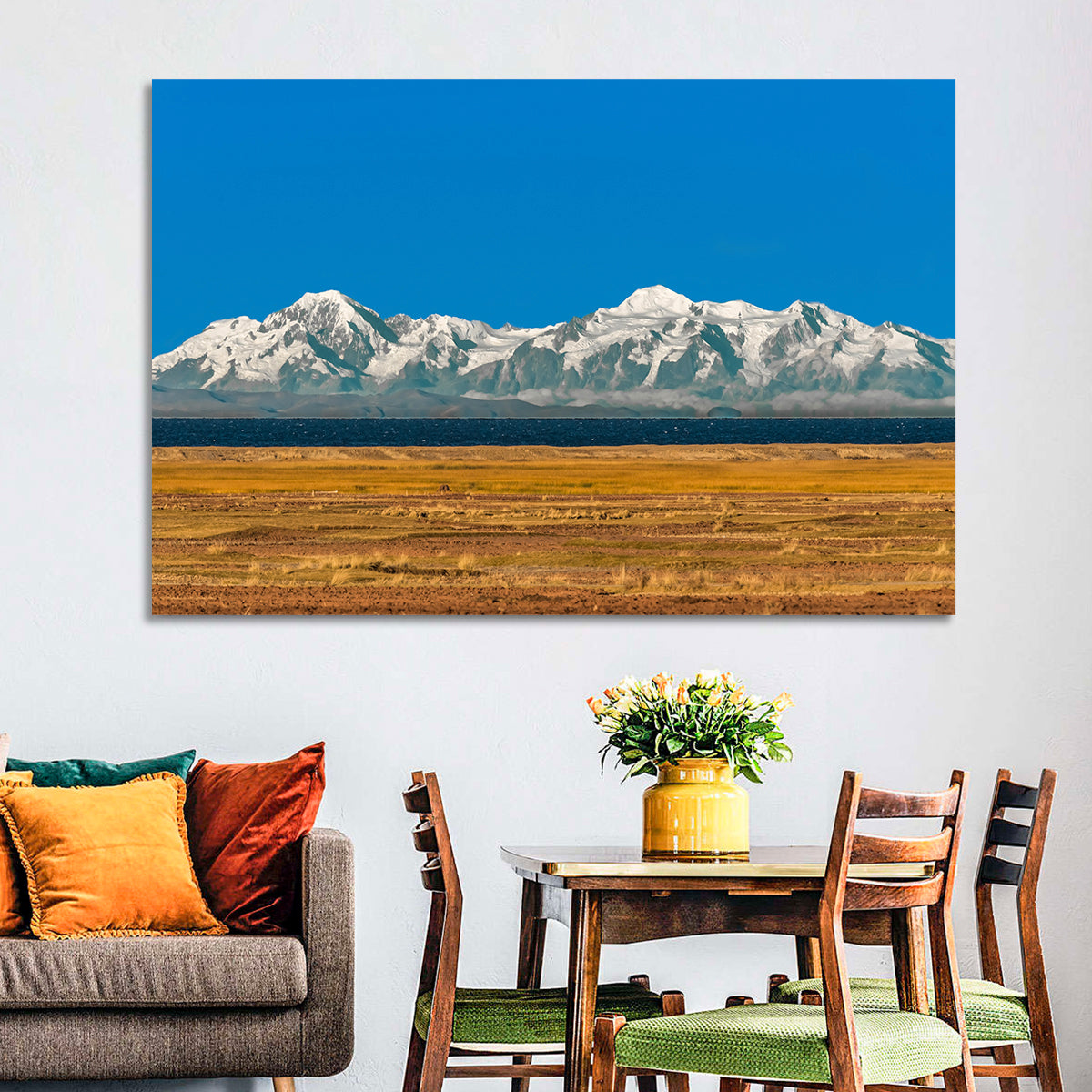 Snow-capped Peaks Over Lake Titicaca Wall Art in a room, landscape