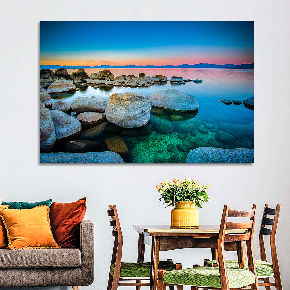 Lake Tahoe Sunset Boulders Wall Art in a room, landscape