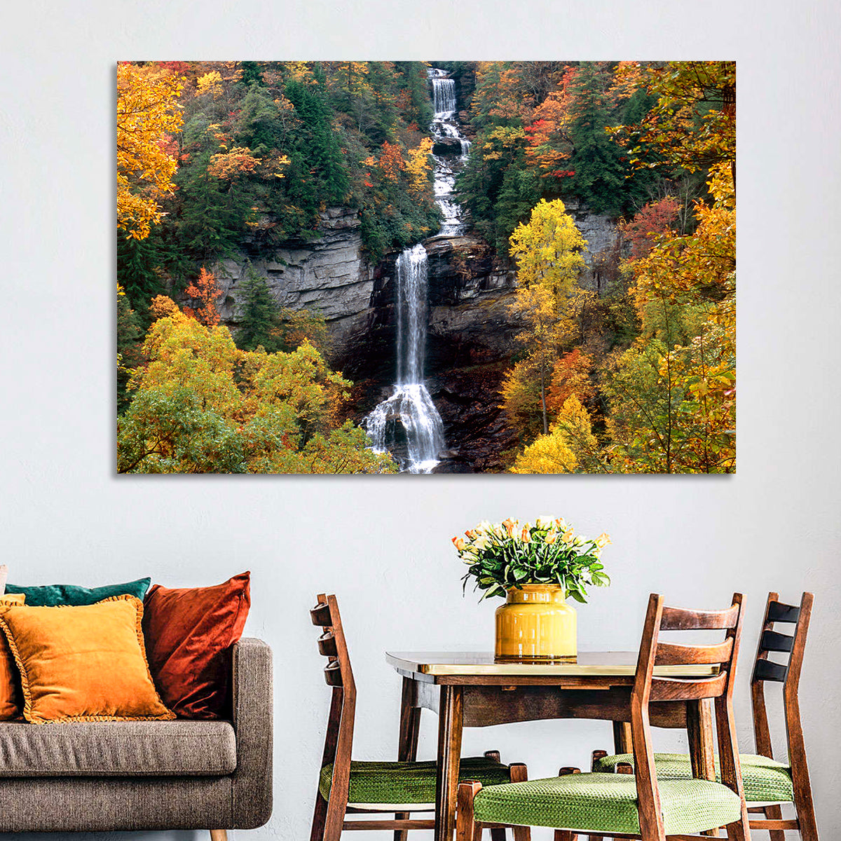 Raven Cliff Waterfall Wall Art in a room, landscape