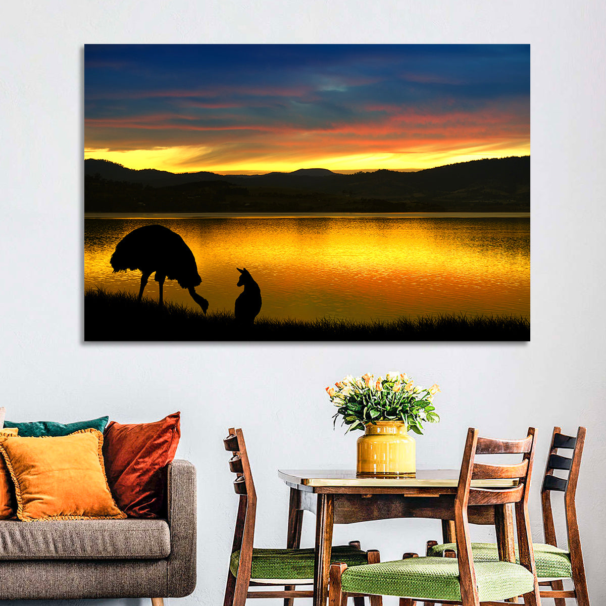 Kangaroo and Emu at Lake Sunset Wall Art