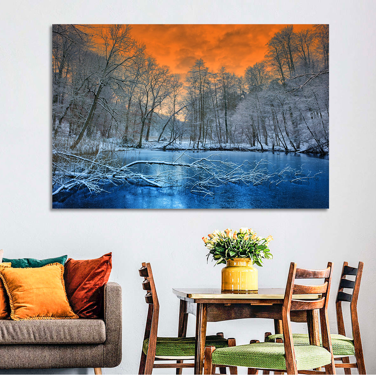 Sunset Over Winter Forest Lake Wall Art in a room, landscape