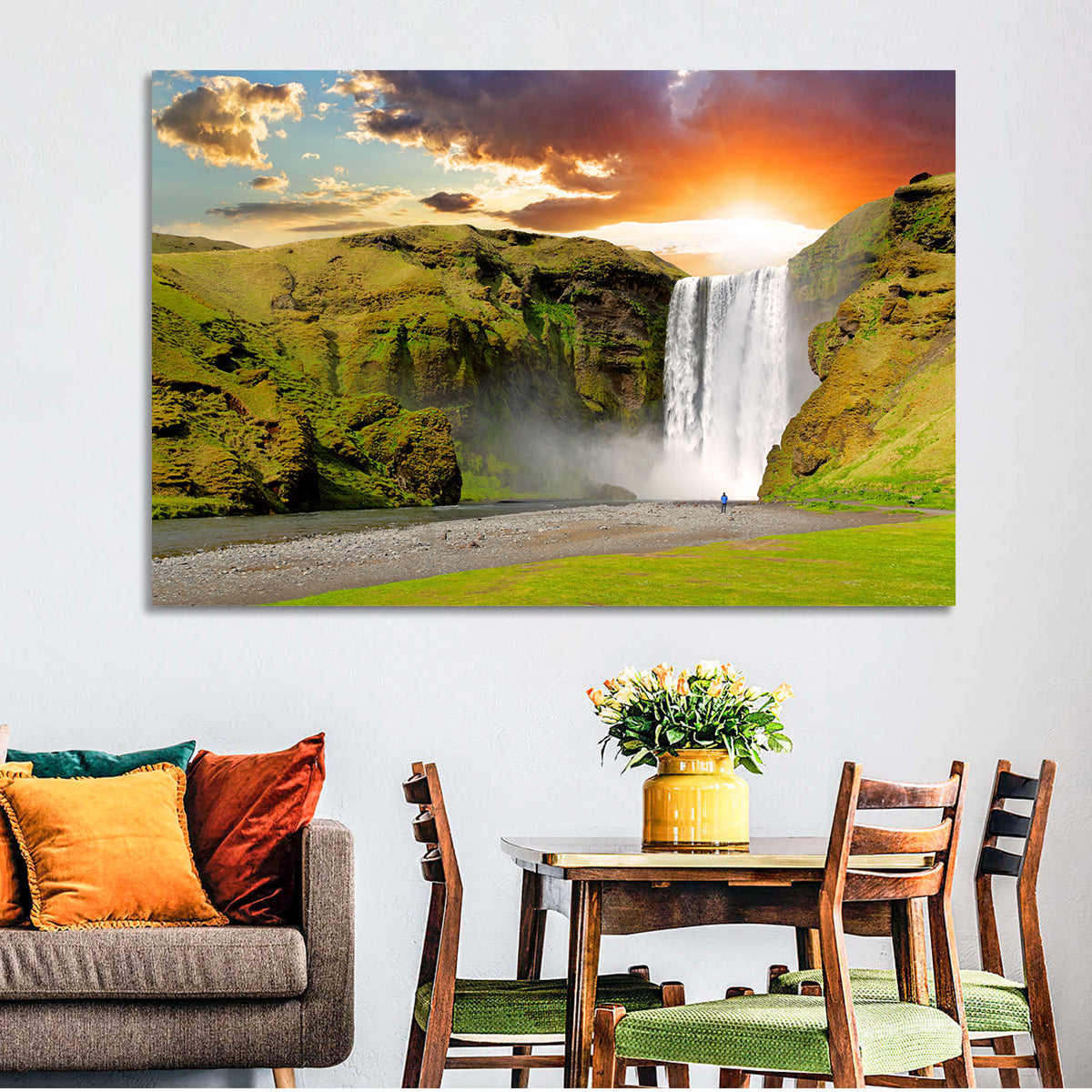 Skógafoss at Sunset Wall Art in a room, landscape