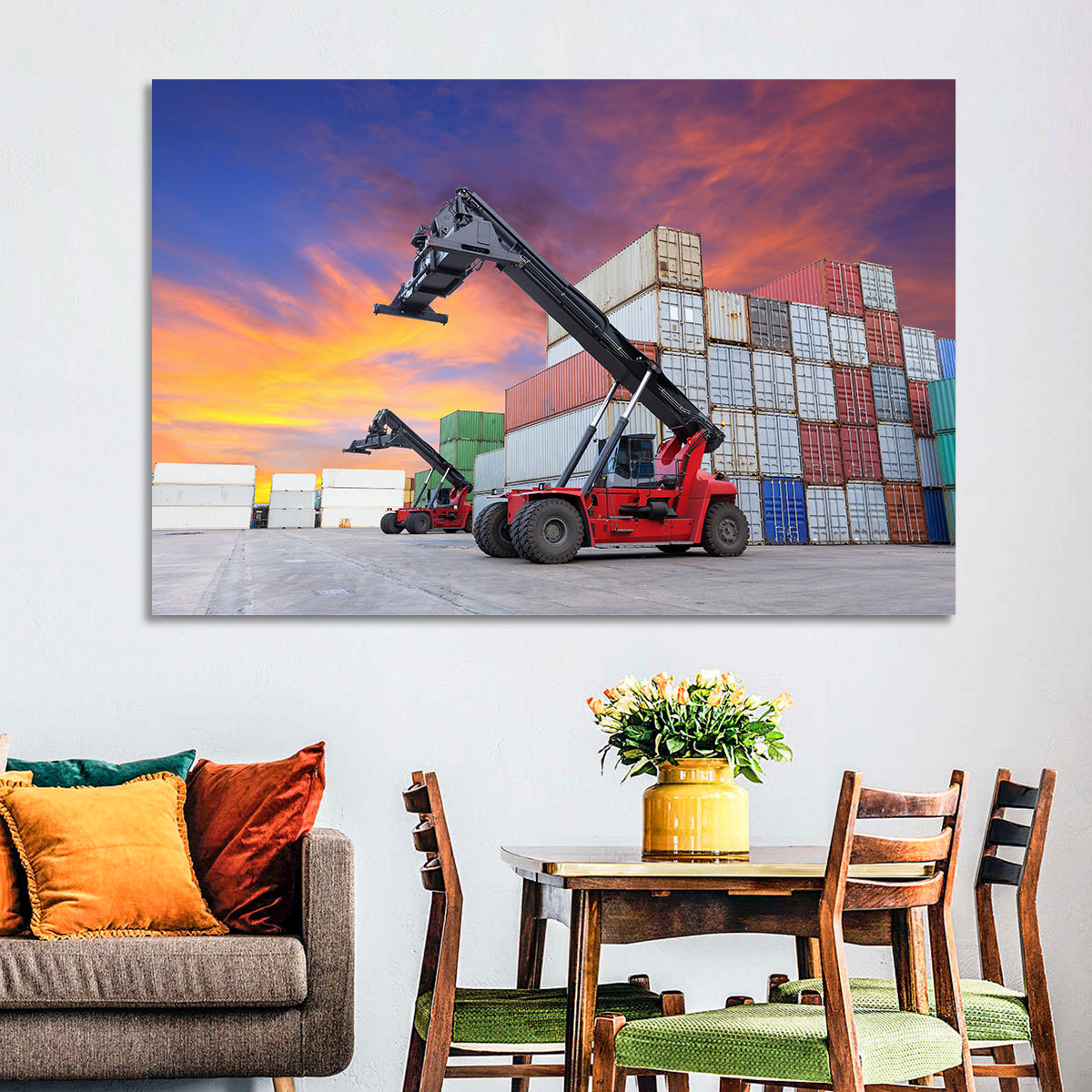 Red Reach Stackers at Sunset Wall Art in a room, landscape