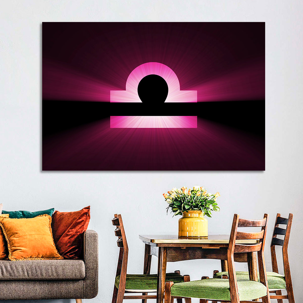 Libra Symbol Neon Glow Wall Art in a room, landscape