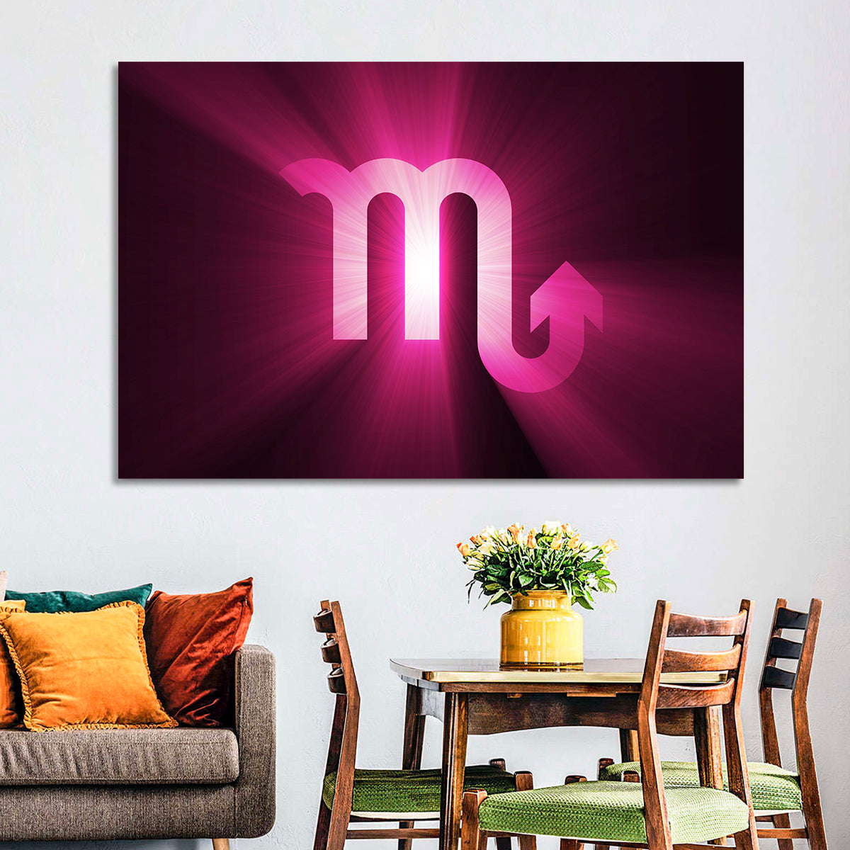 Scorpio Glyph with Magenta Burst Wall Art in a room, landscape