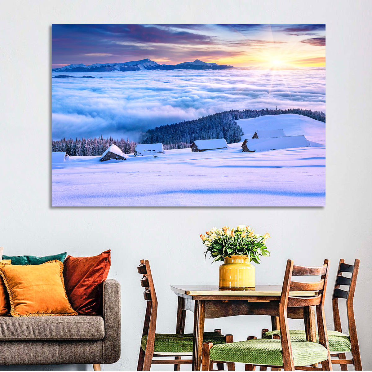 Snowy Cabins Above Clouds Wall Art in a room, landscape