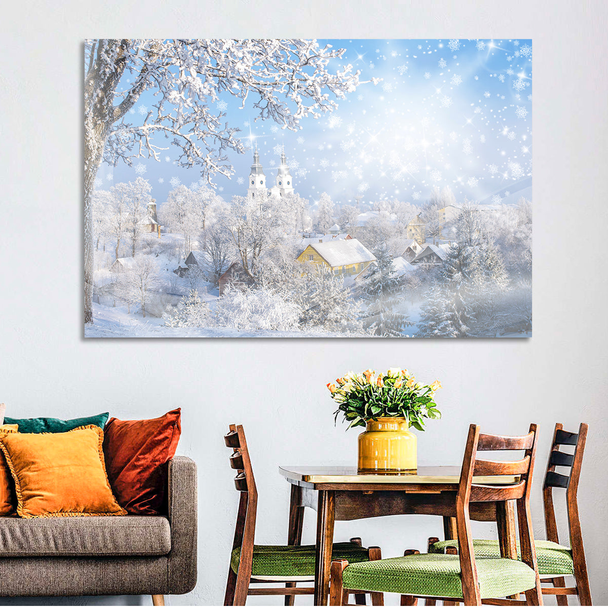 Frosted Village Wall Art in a room, landscape