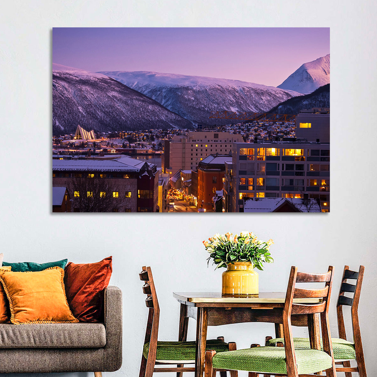 Tromsø Twilight Cityscape Wall Art in a room, landscape
