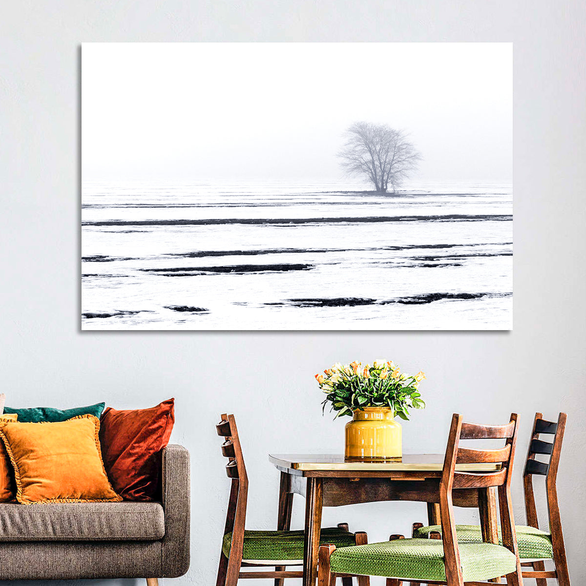 Foggy Winter Field with Lone Tree Wall Art in a room, landscape