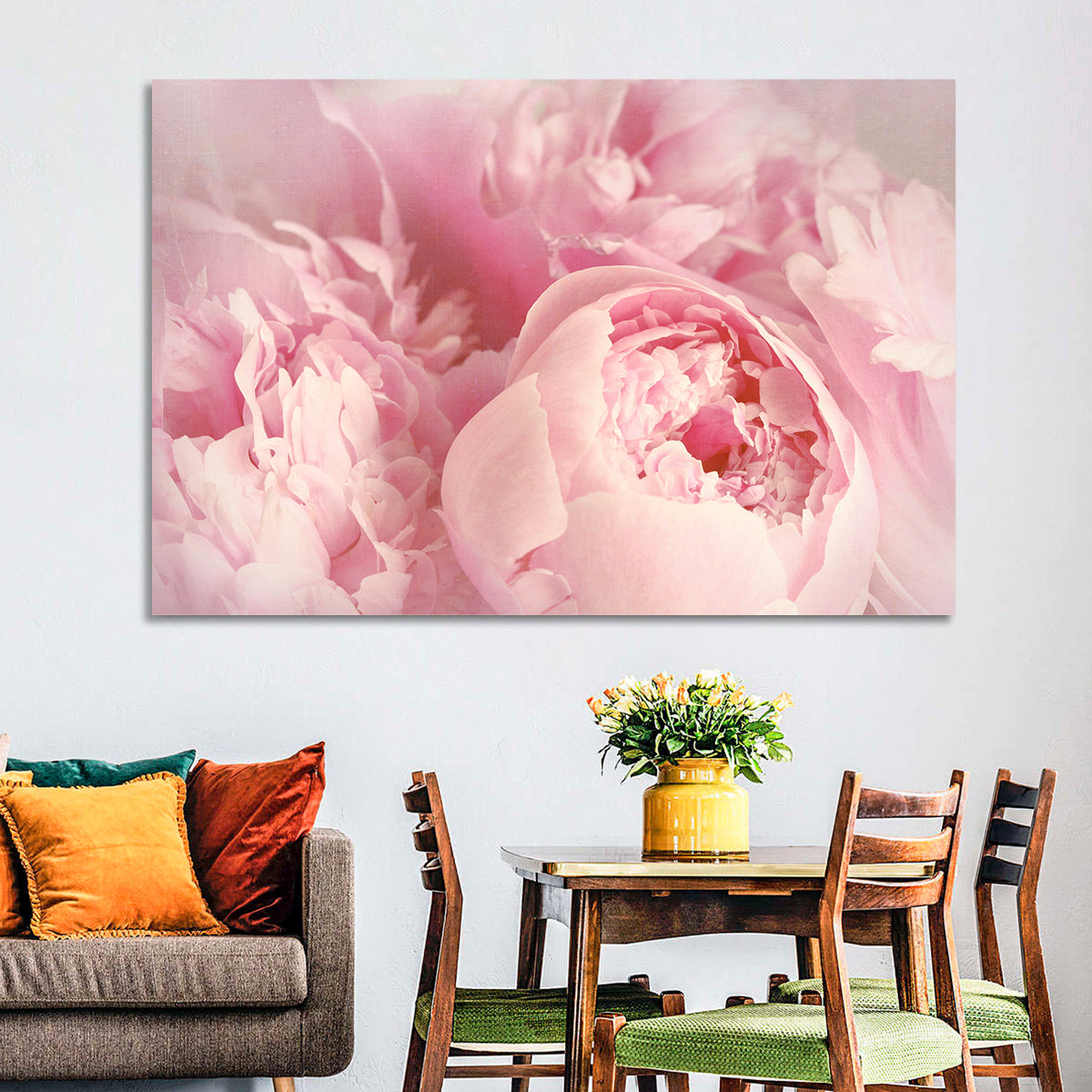 Soft Pink Peony Close Up Wall Art in a room, landscape
